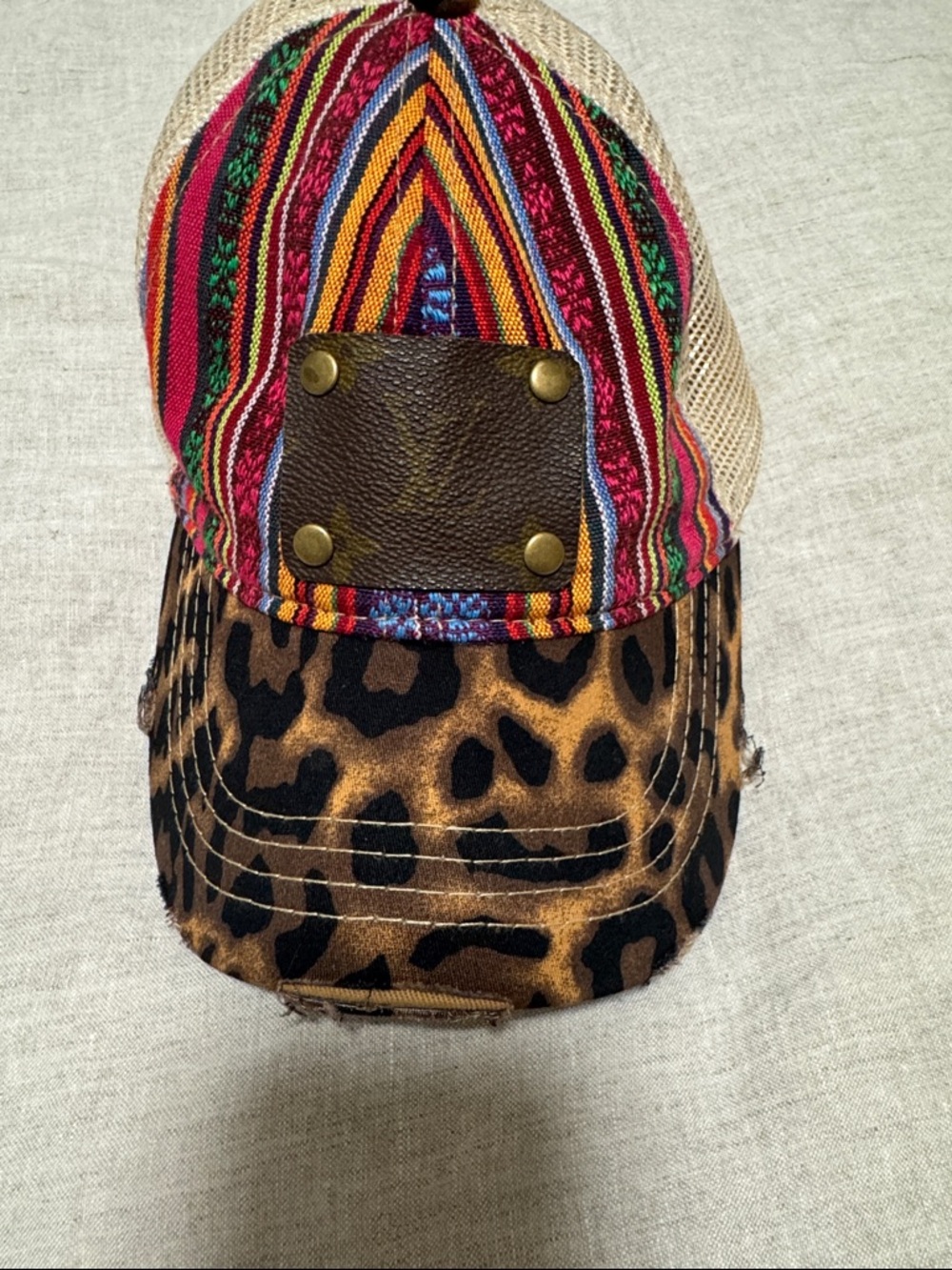 Louis Vuitton emblem Multicolor Striped & Leopard Accent Trucker Hat - Picture 4 of 6